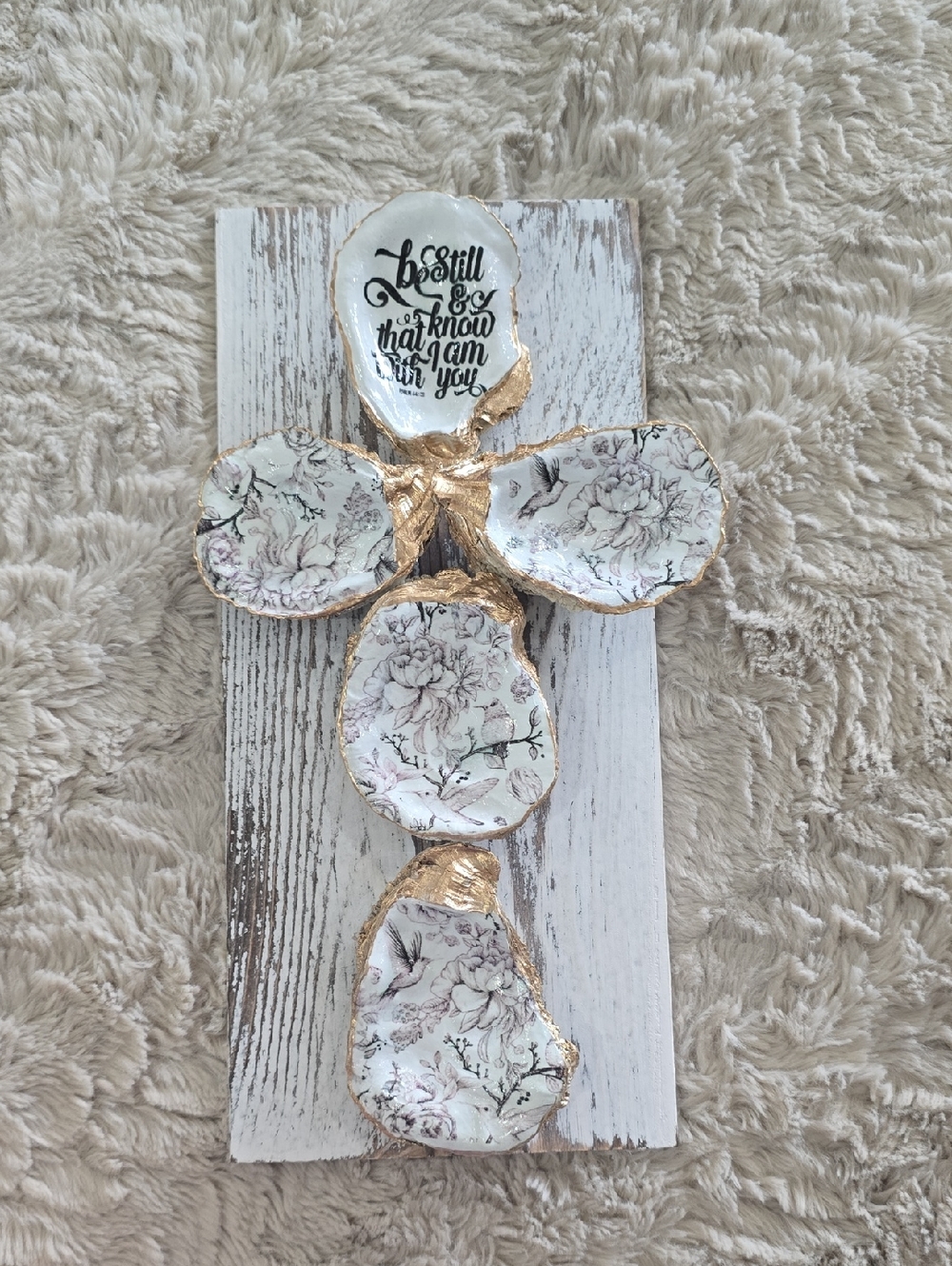 Oyster Shell Cross Wall Art with Gold Trim